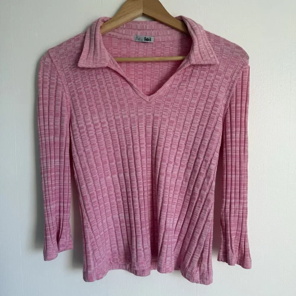 Vtg Y2K LEI Collared Shirt Pink Ribbed Coquette M Bella Swan Preppy Indie Sleaze